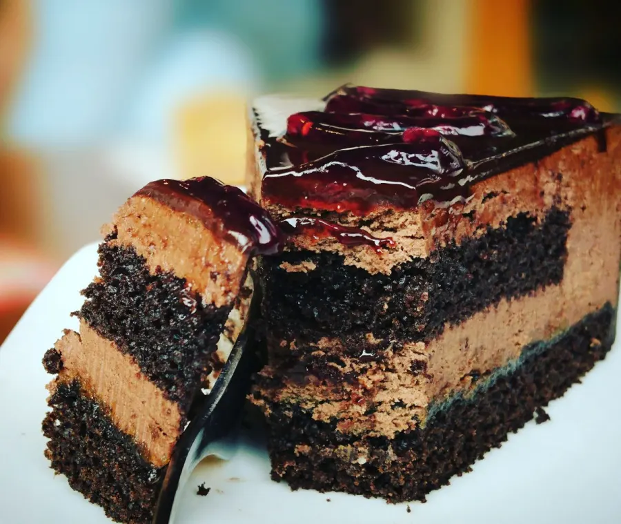 A slice of layered chocolate cake with berry glaze on top, cut open to show its texture